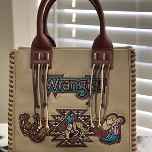 SOLD….One of a Kind Wrangler tan and Brown Embroidered Tote